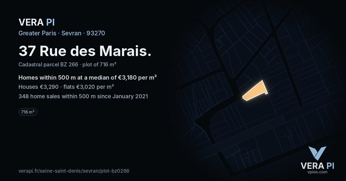 37 Rue des Marais, Sevran at night – the plot lit, the parcels around coloured by the prices near them