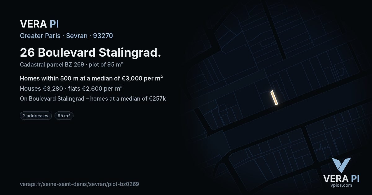 26 Boulevard Stalingrad, Sevran at night – the plot lit, the parcels around coloured by the prices near them