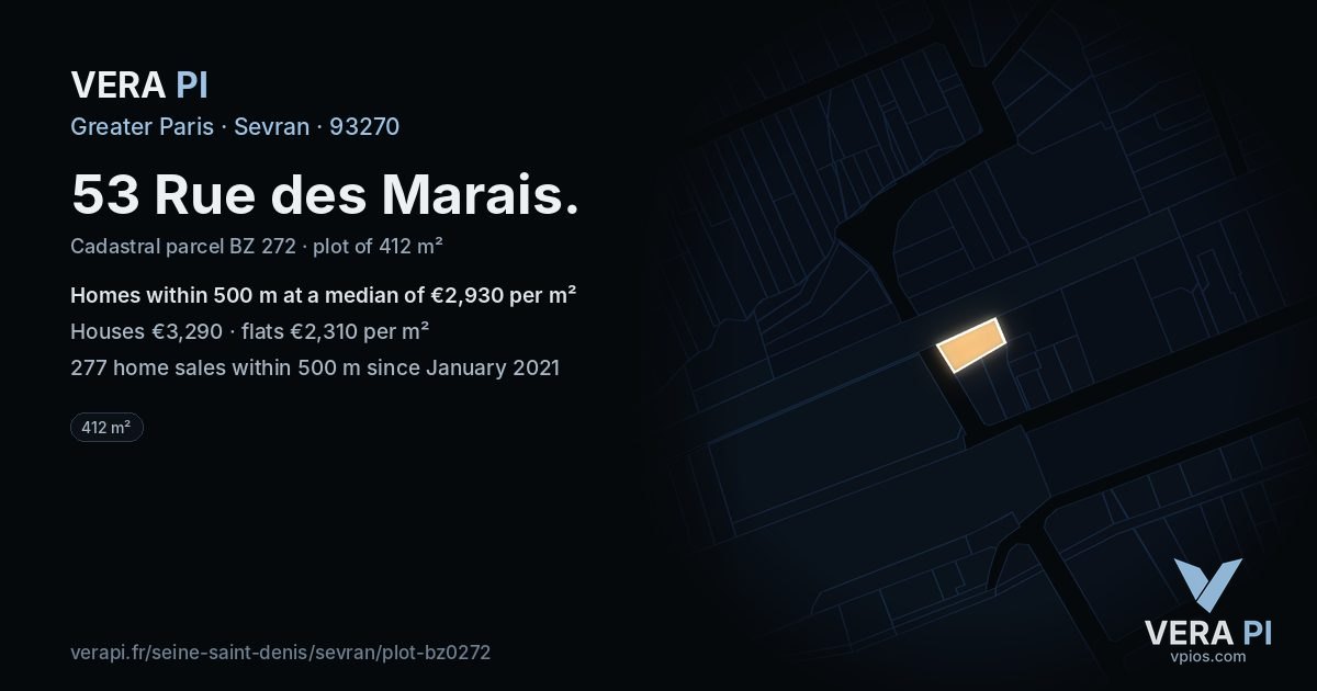 53 Rue des Marais, Sevran at night – the plot lit, the parcels around coloured by the prices near them