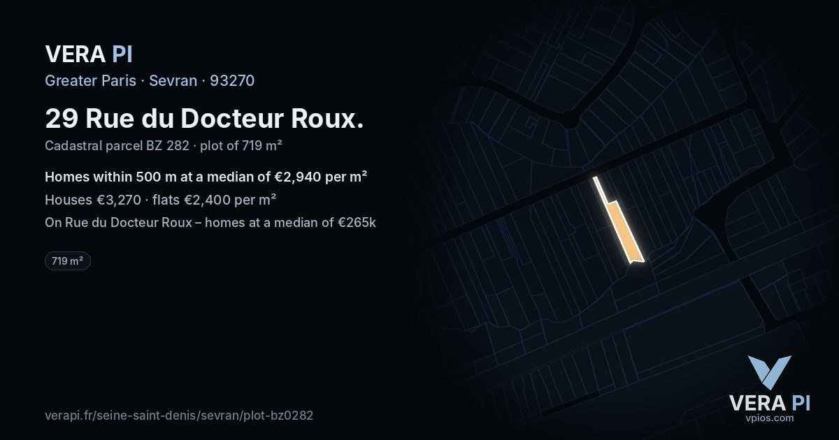 29 Rue du Docteur Roux, Sevran at night – the plot lit, the parcels around coloured by the prices near them
