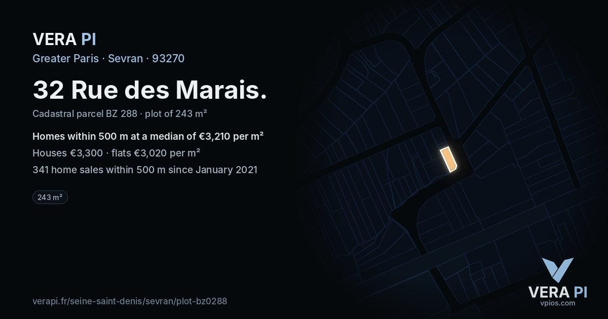 32 Rue des Marais, Sevran at night – the plot lit, the parcels around coloured by the prices near them
