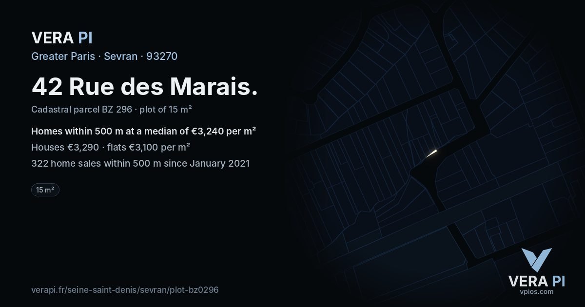 42 Rue des Marais, Sevran at night – the plot lit, the parcels around coloured by the prices near them