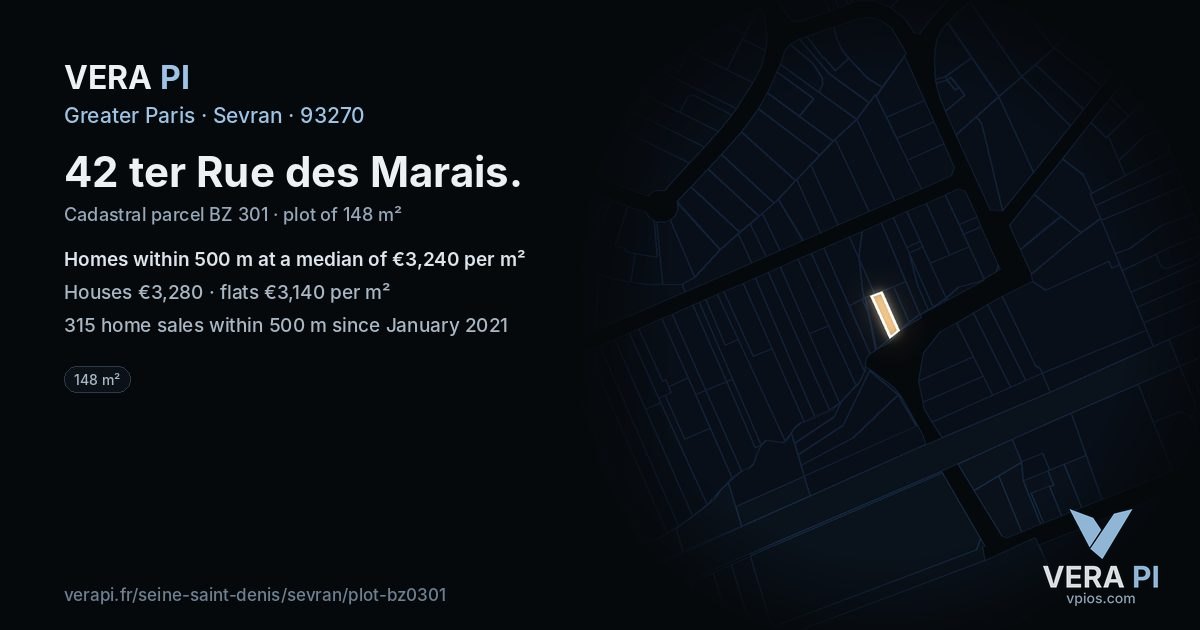 42 ter Rue des Marais, Sevran at night – the plot lit, the parcels around coloured by the prices near them