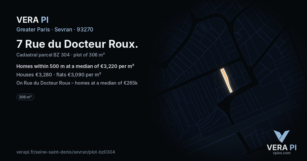 7 Rue du Docteur Roux, Sevran at night – the plot lit, the parcels around coloured by the prices near them