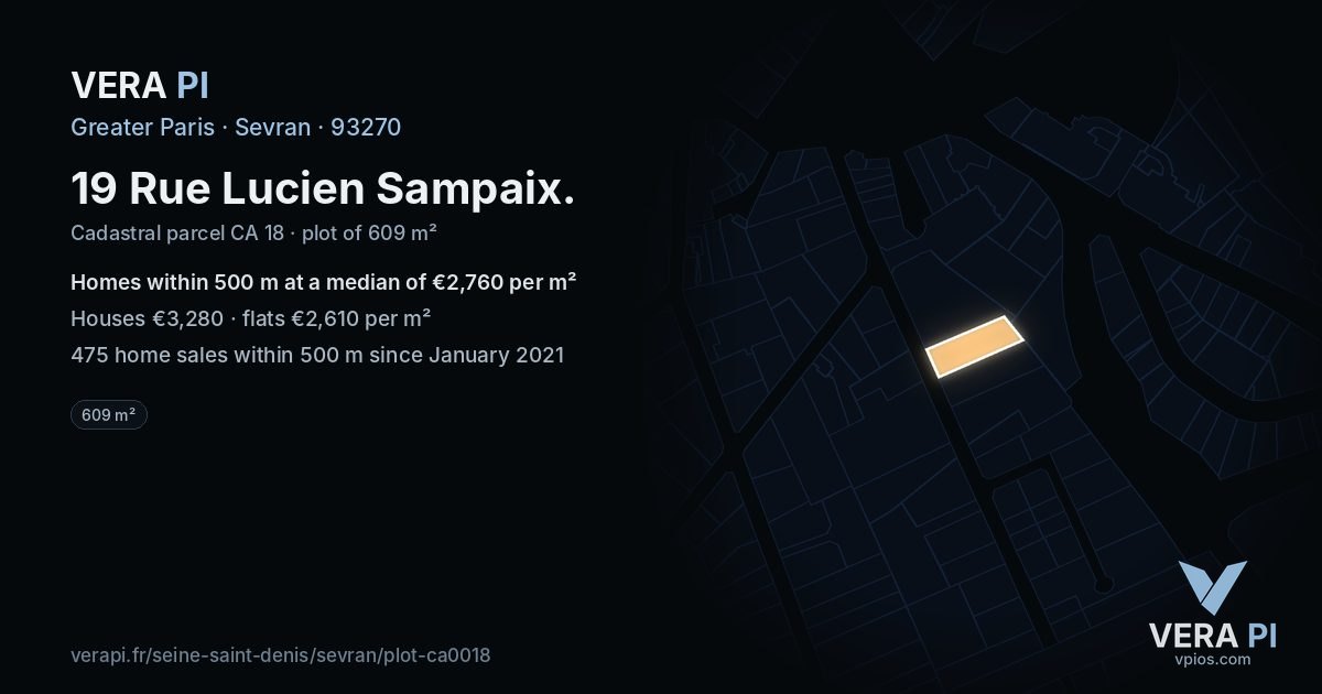 19 Rue Lucien Sampaix, Sevran at night – the plot lit, the parcels around coloured by the prices near them