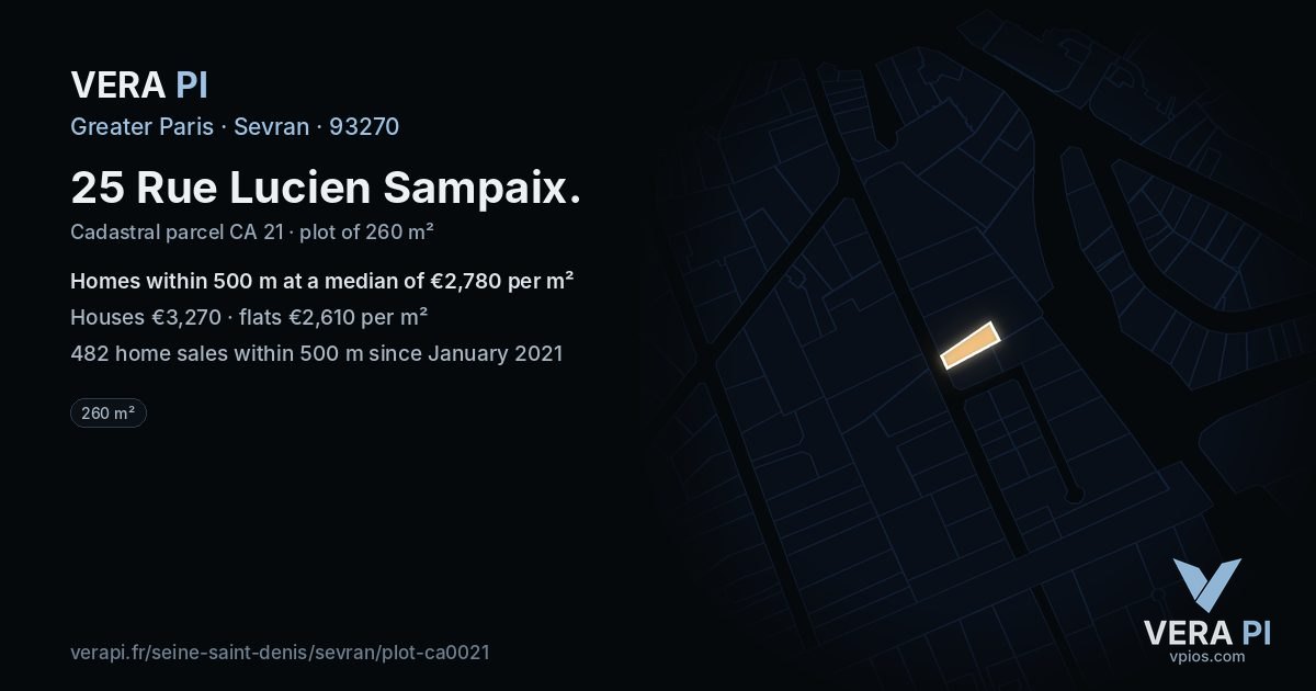 25 Rue Lucien Sampaix, Sevran at night – the plot lit, the parcels around coloured by the prices near them