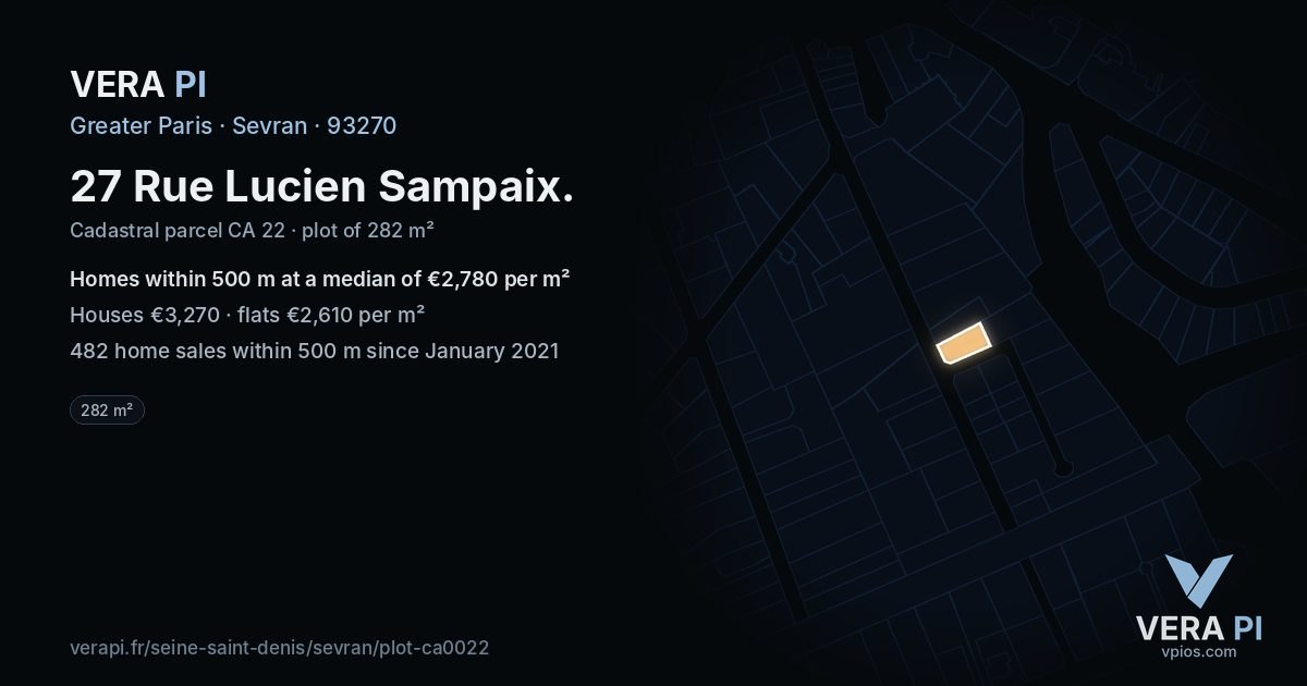 27 Rue Lucien Sampaix, Sevran at night – the plot lit, the parcels around coloured by the prices near them