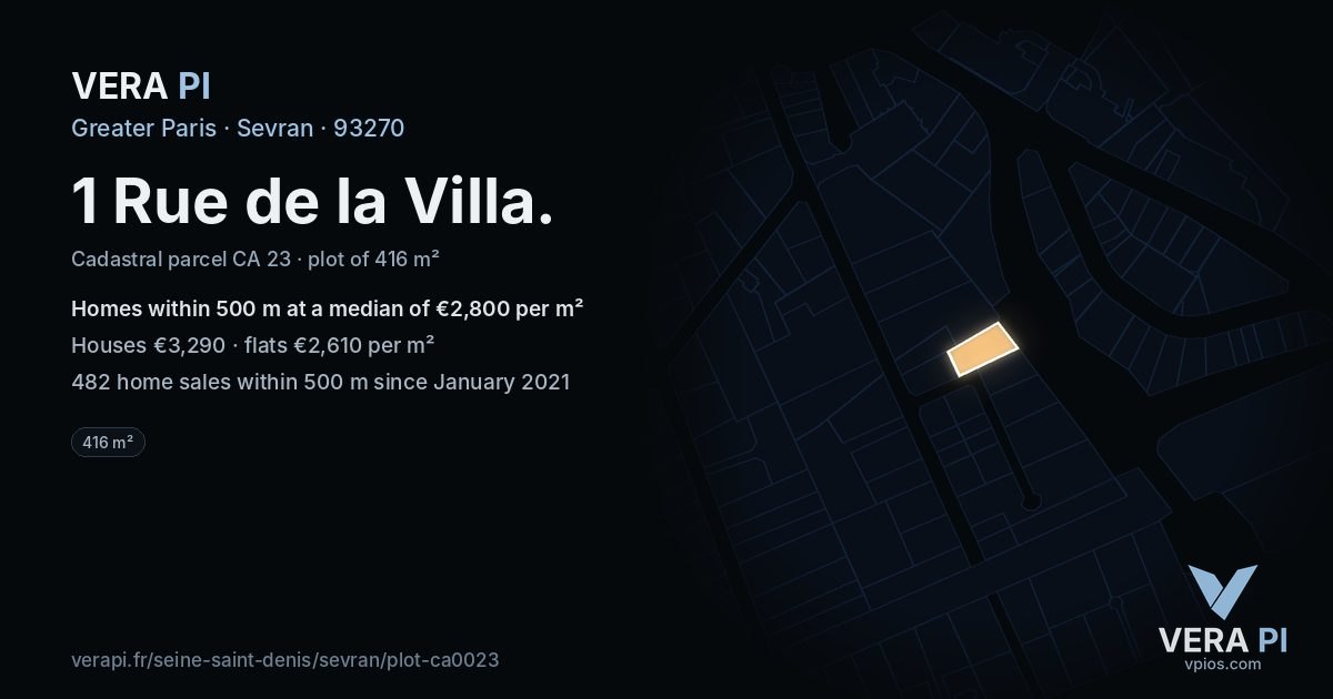 1 Rue de la Villa, Sevran at night – the plot lit, the parcels around coloured by the prices near them
