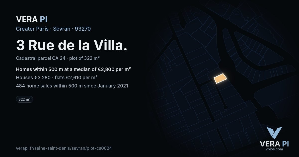 3 Rue de la Villa, Sevran at night – the plot lit, the parcels around coloured by the prices near them