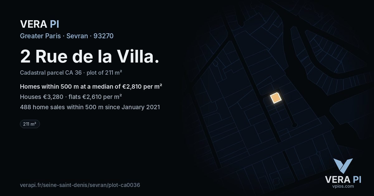 2 Rue de la Villa, Sevran at night – the plot lit, the parcels around coloured by the prices near them