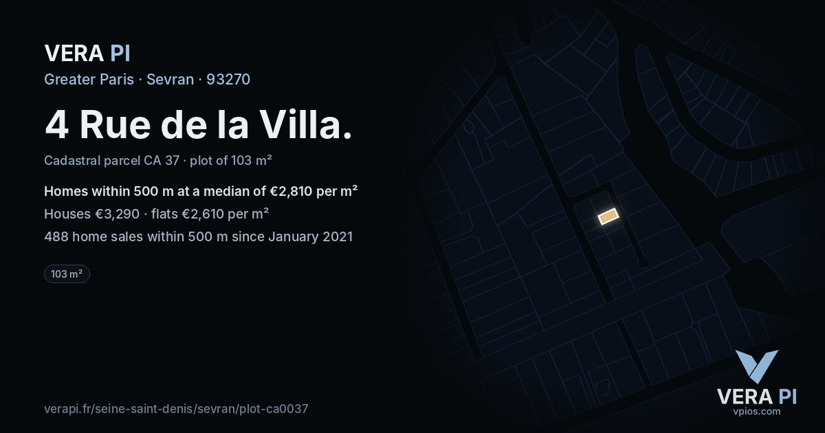 4 Rue de la Villa, Sevran at night – the plot lit, the parcels around coloured by the prices near them
