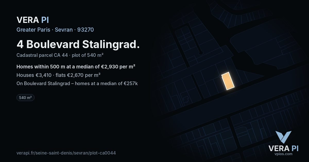 4 Boulevard Stalingrad, Sevran at night – the plot lit, the parcels around coloured by the prices near them