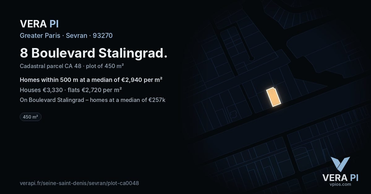 8 Boulevard Stalingrad, Sevran at night – the plot lit, the parcels around coloured by the prices near them