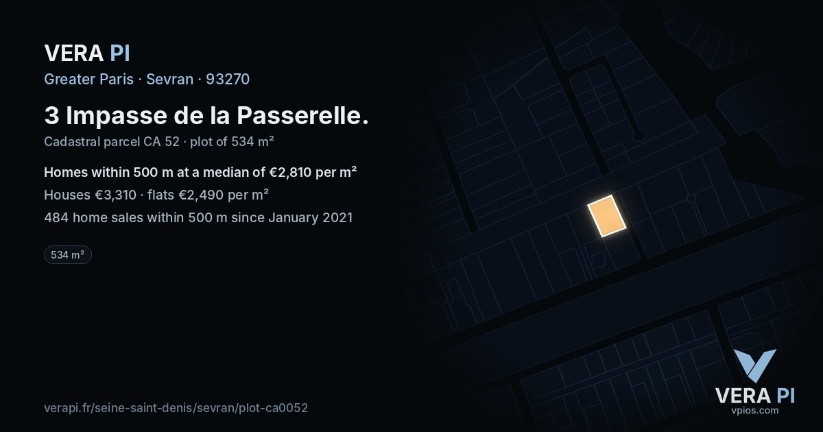 3 Impasse de la Passerelle, Sevran at night – the plot lit, the parcels around coloured by the prices near them