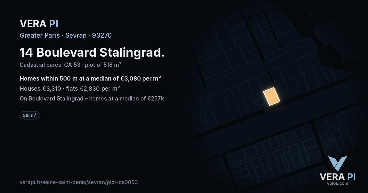 14 Boulevard Stalingrad, Sevran at night – the plot lit, the parcels around coloured by the prices near them