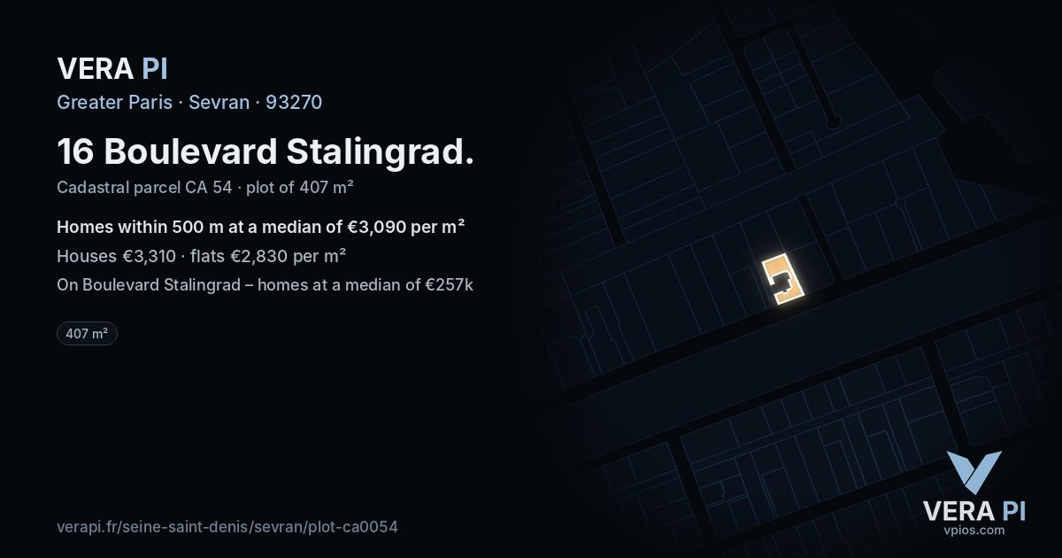 16 Boulevard Stalingrad, Sevran at night – the plot lit, the parcels around coloured by the prices near them