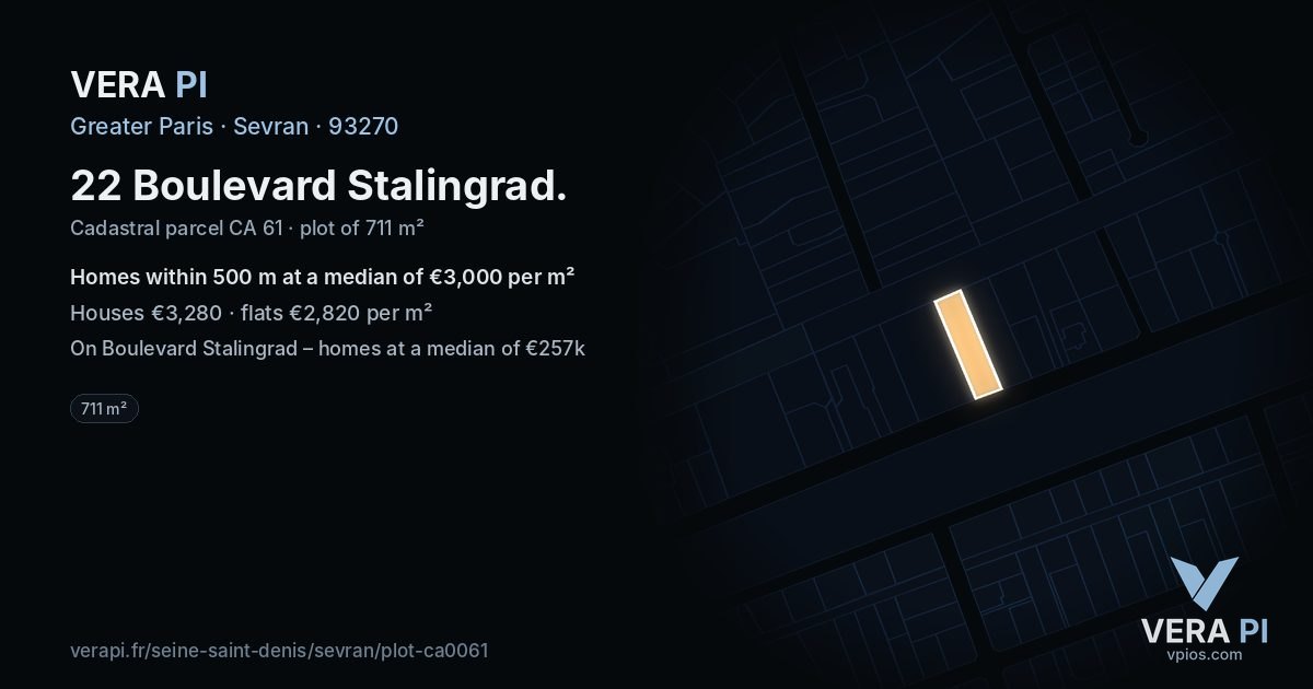 22 Boulevard Stalingrad, Sevran at night – the plot lit, the parcels around coloured by the prices near them