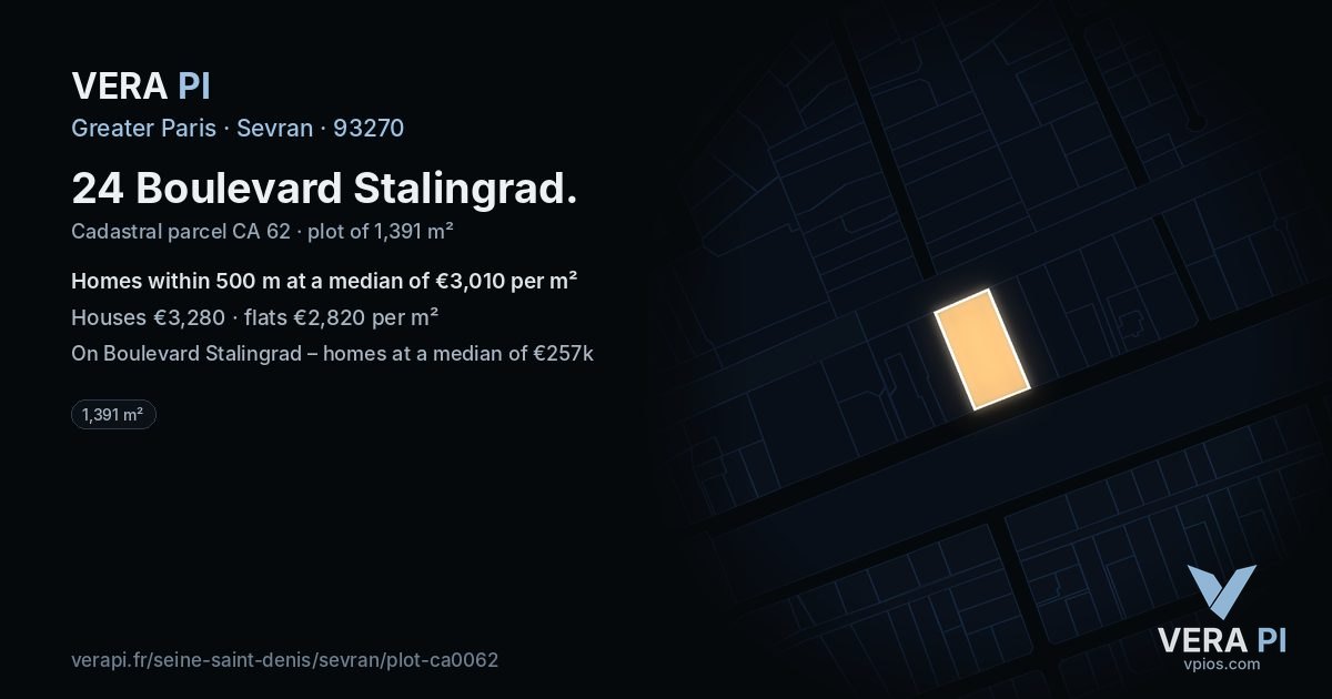 24 Boulevard Stalingrad, Sevran at night – the plot lit, the parcels around coloured by the prices near them