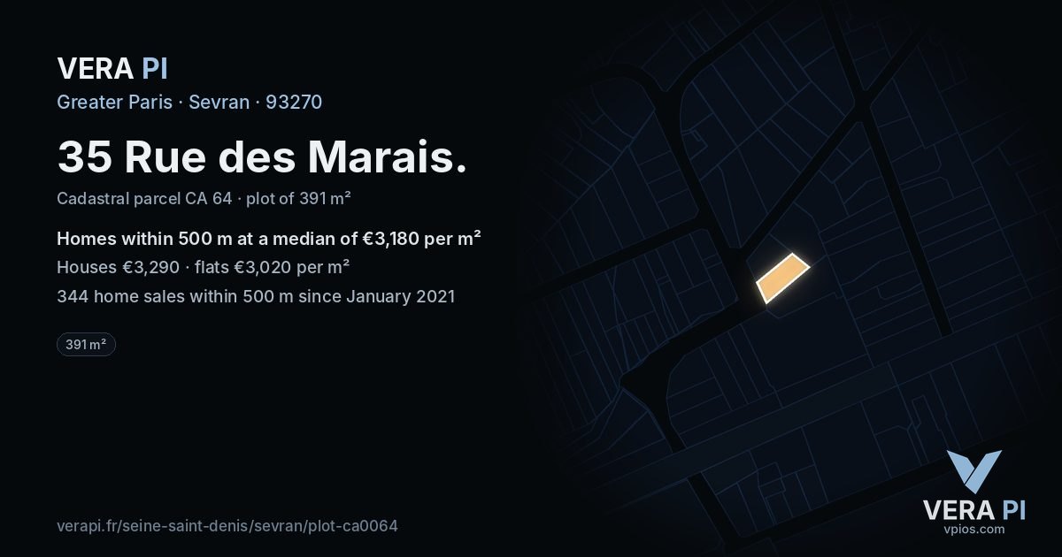 35 Rue des Marais, Sevran at night – the plot lit, the parcels around coloured by the prices near them