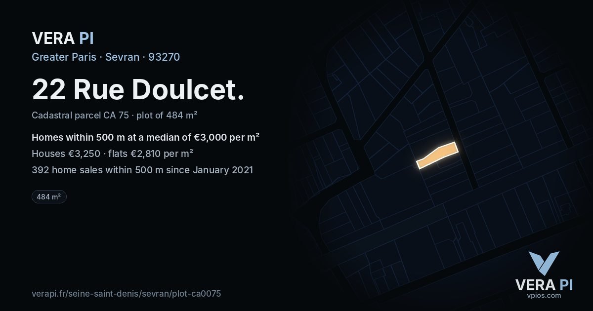 22 Rue Doulcet, Sevran at night – the plot lit, the parcels around coloured by the prices near them