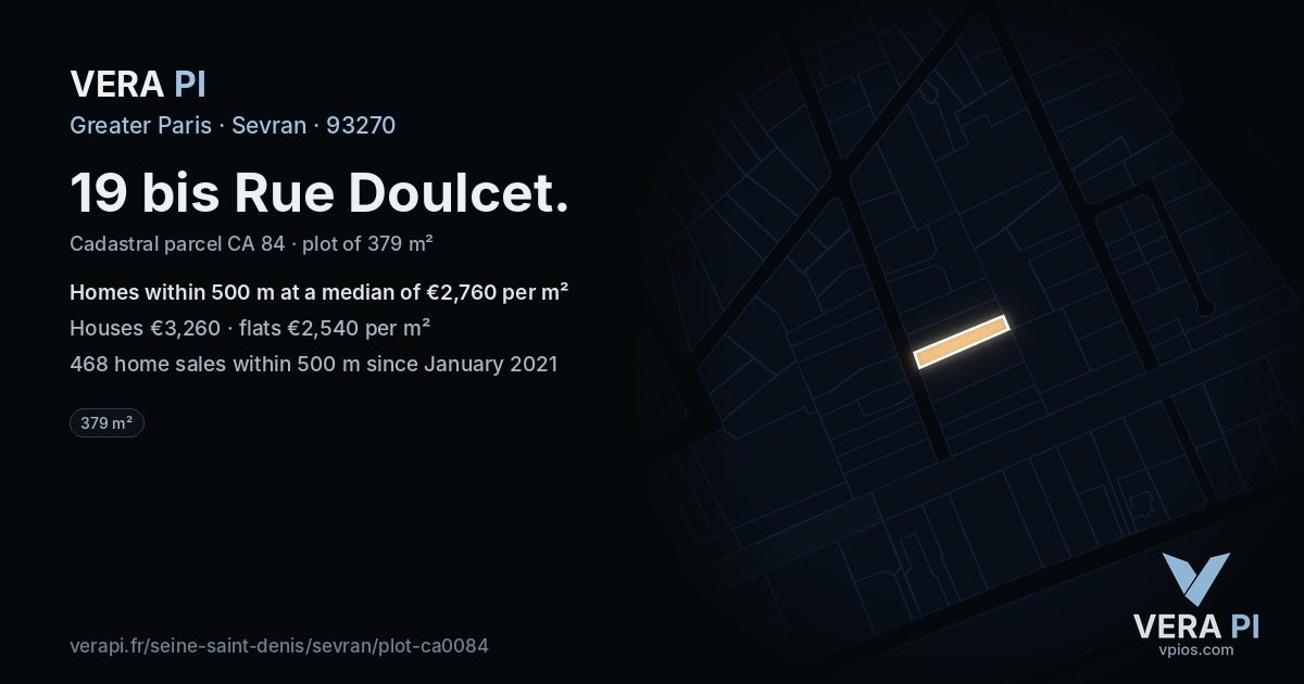 19 bis Rue Doulcet, Sevran at night – the plot lit, the parcels around coloured by the prices near them