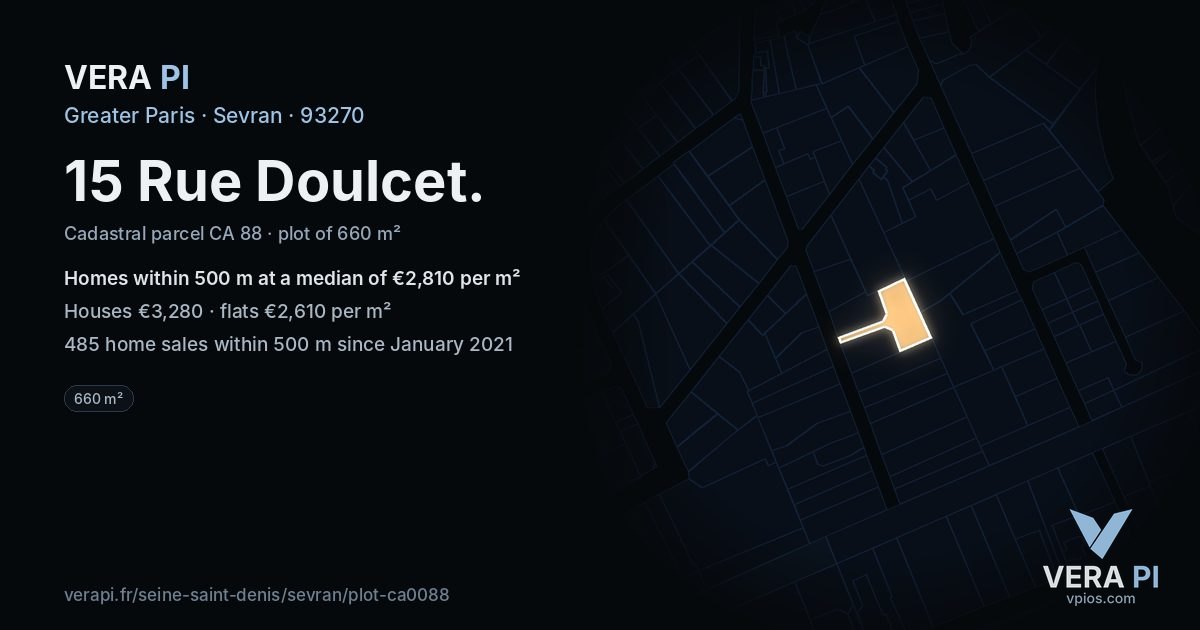 15 Rue Doulcet, Sevran at night – the plot lit, the parcels around coloured by the prices near them