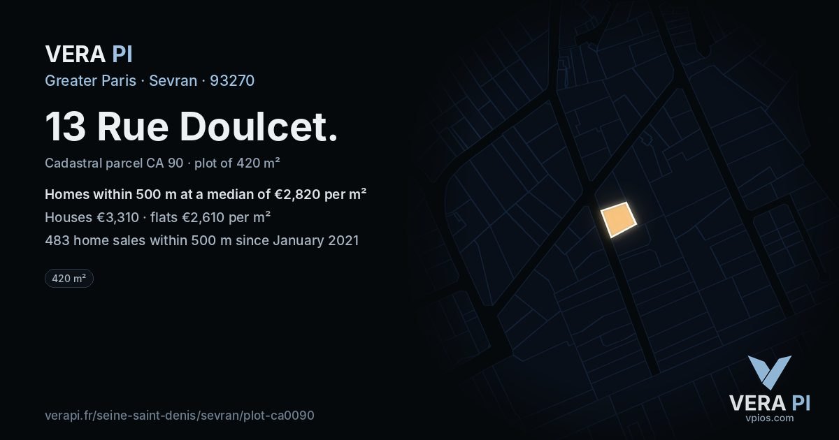 13 Rue Doulcet, Sevran at night – the plot lit, the parcels around coloured by the prices near them
