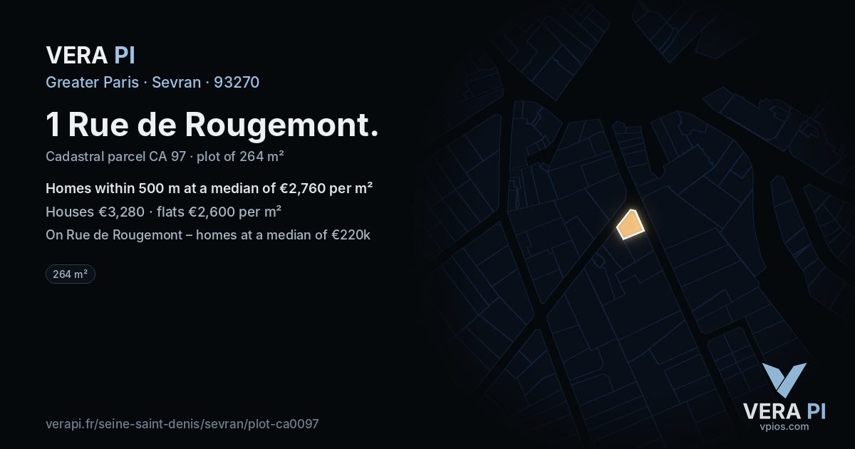 1 Rue de Rougemont, Sevran at night – the plot lit, the parcels around coloured by the prices near them