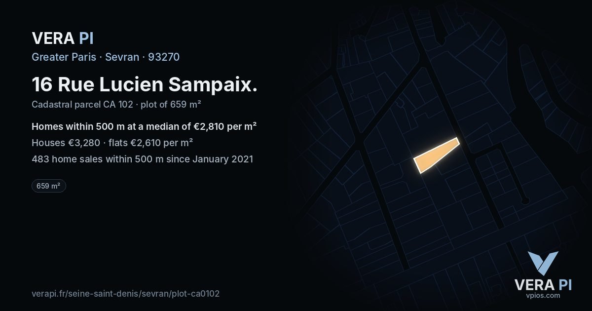 16 Rue Lucien Sampaix, Sevran at night – the plot lit, the parcels around coloured by the prices near them
