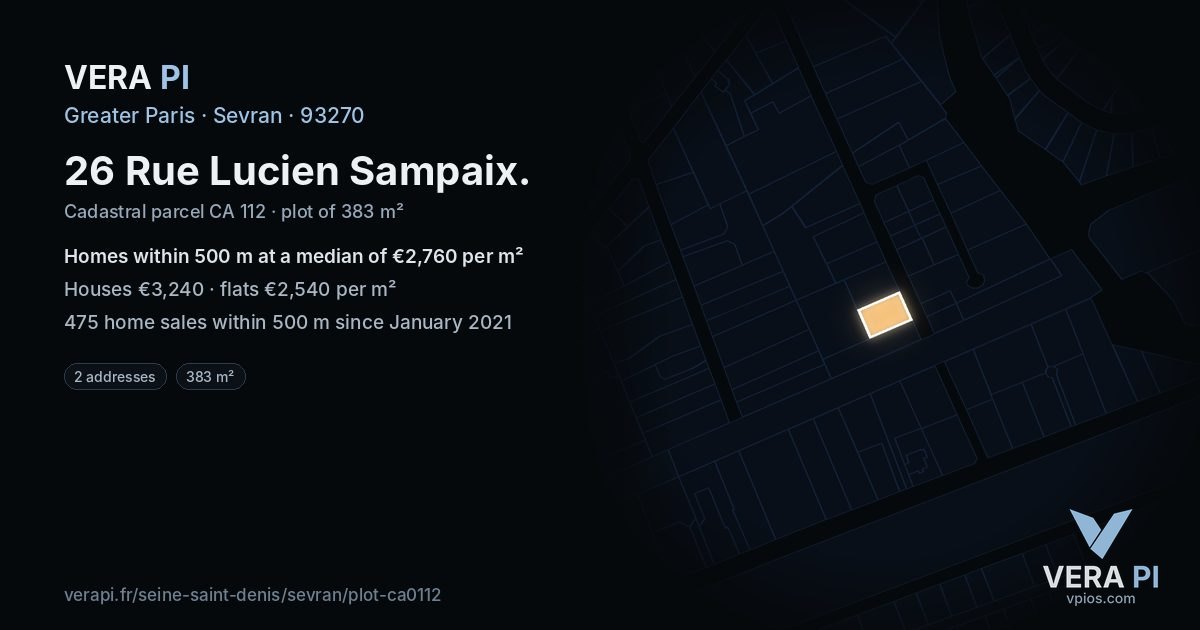 26 Rue Lucien Sampaix, Sevran at night – the plot lit, the parcels around coloured by the prices near them