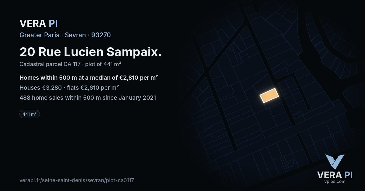 20 Rue Lucien Sampaix, Sevran at night – the plot lit, the parcels around coloured by the prices near them