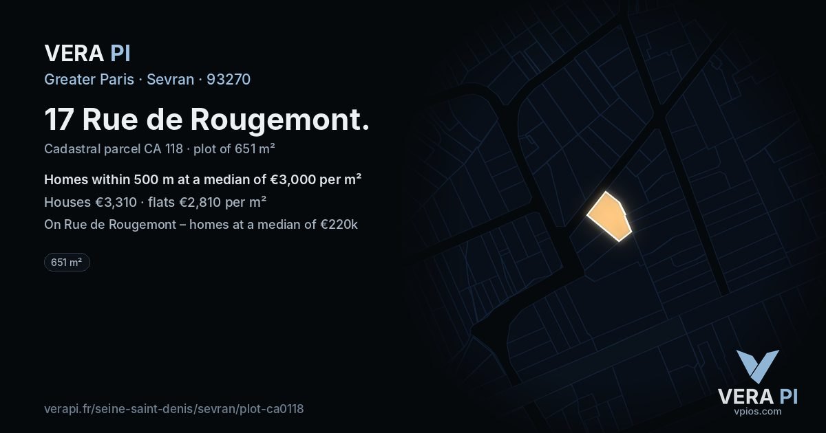 17 Rue de Rougemont, Sevran at night – the plot lit, the parcels around coloured by the prices near them