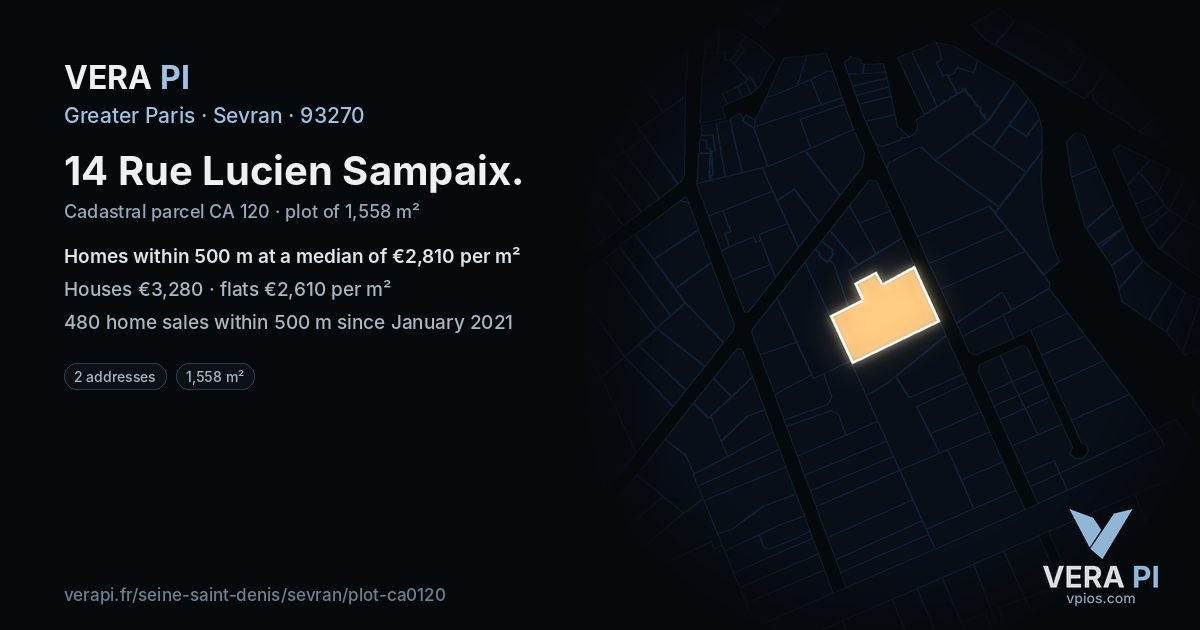 14 Rue Lucien Sampaix, Sevran at night – the plot lit, the parcels around coloured by the prices near them