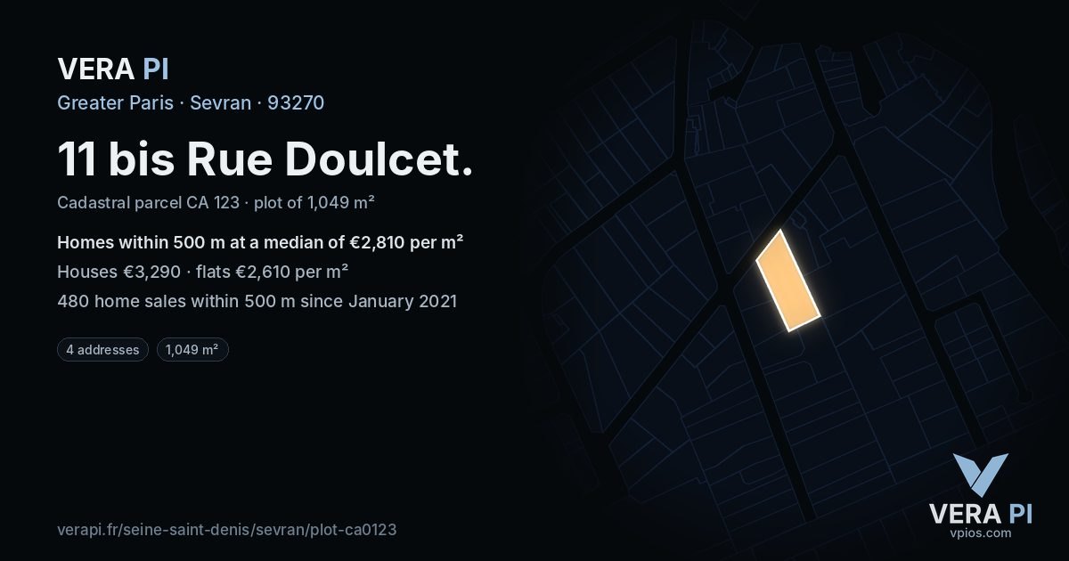 11 bis Rue Doulcet, Sevran at night – the plot lit, the parcels around coloured by the prices near them