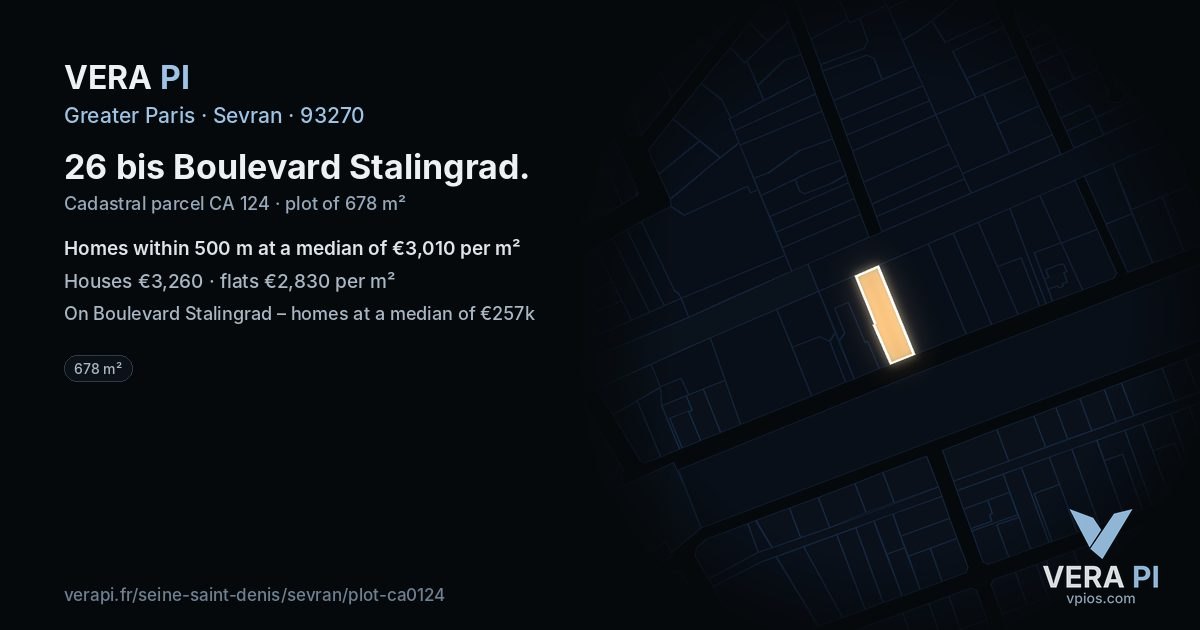 26 bis Boulevard Stalingrad, Sevran at night – the plot lit, the parcels around coloured by the prices near them