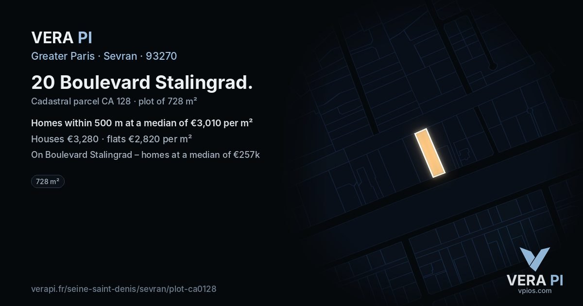 20 Boulevard Stalingrad, Sevran at night – the plot lit, the parcels around coloured by the prices near them