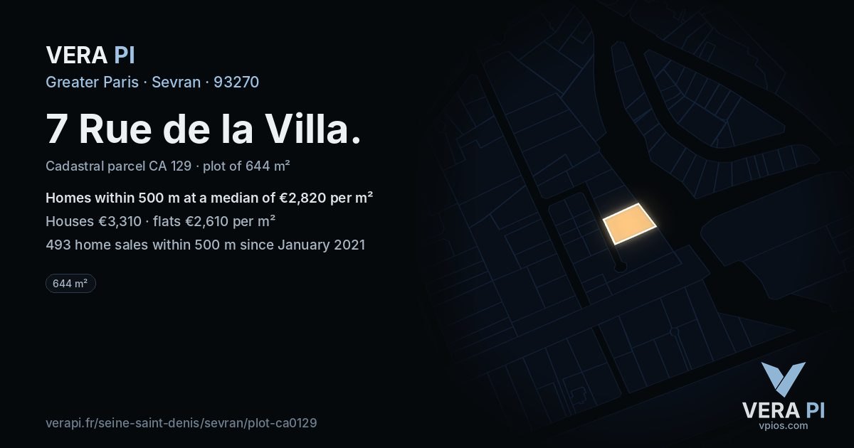 7 Rue de la Villa, Sevran at night – the plot lit, the parcels around coloured by the prices near them