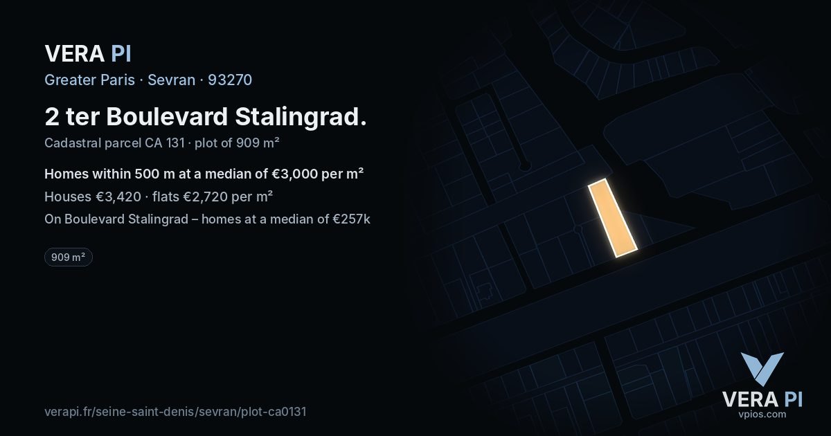 2 ter Boulevard Stalingrad, Sevran at night – the plot lit, the parcels around coloured by the prices near them