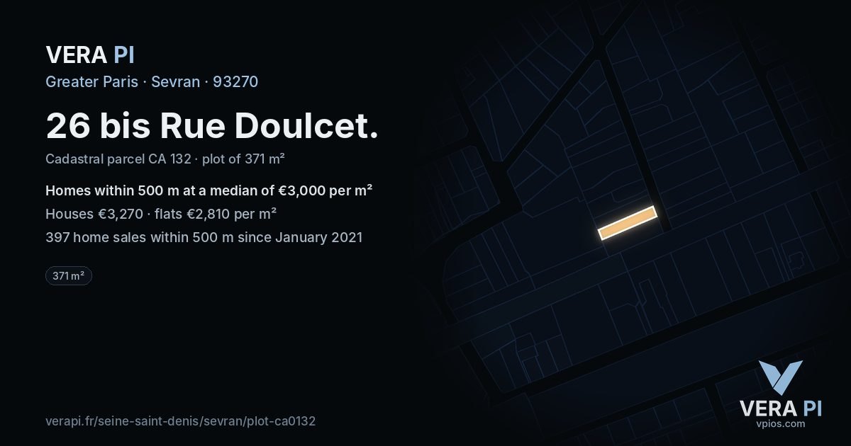 26 bis Rue Doulcet, Sevran at night – the plot lit, the parcels around coloured by the prices near them