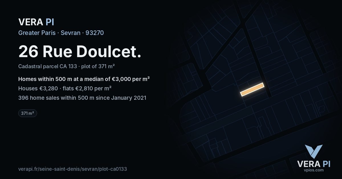 26 Rue Doulcet, Sevran at night – the plot lit, the parcels around coloured by the prices near them