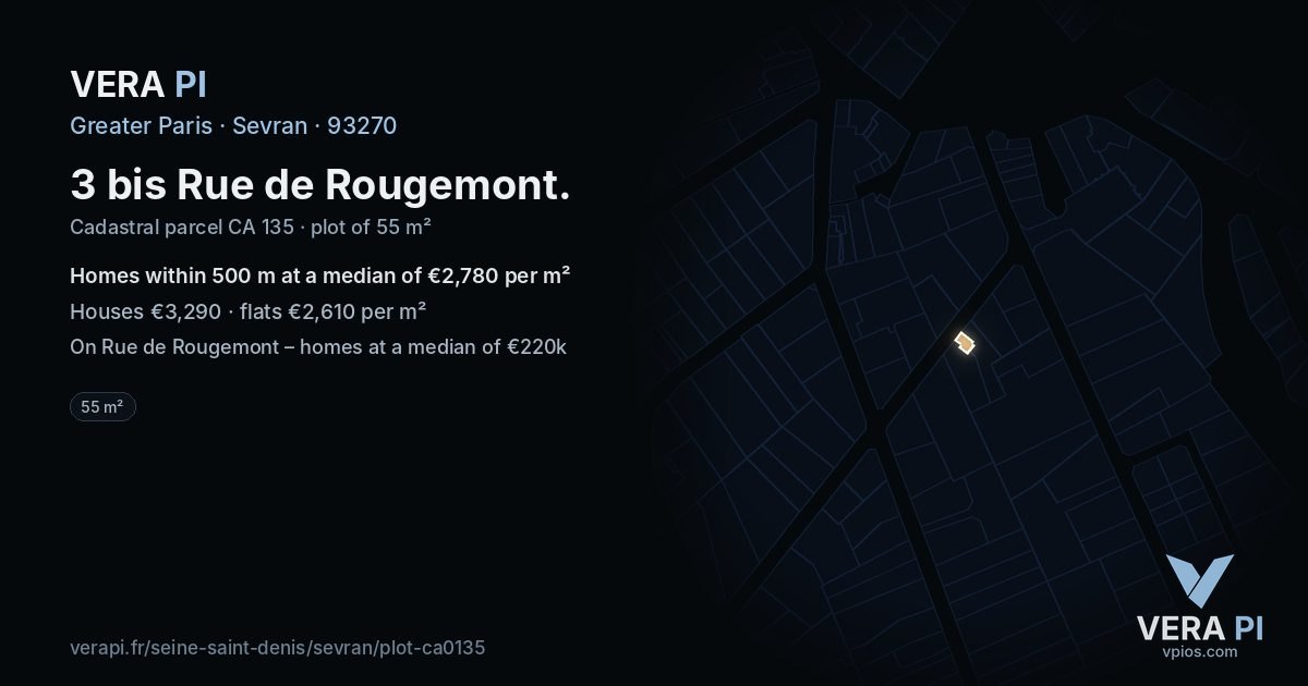 3 bis Rue de Rougemont, Sevran at night – the plot lit, the parcels around coloured by the prices near them