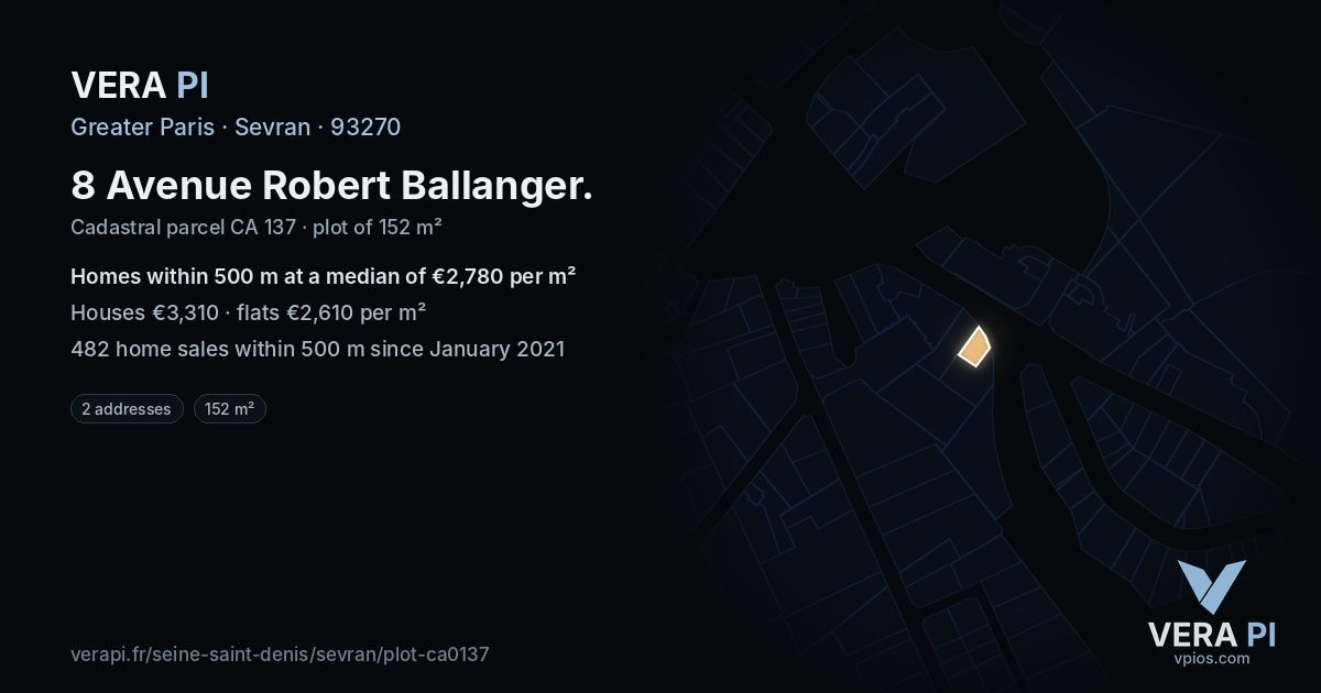 8 Avenue Robert Ballanger, Sevran at night – the plot lit, the parcels around coloured by the prices near them