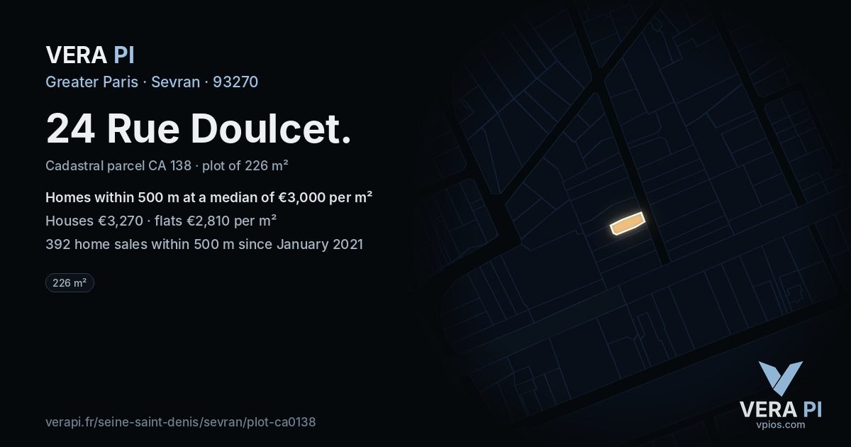 24 Rue Doulcet, Sevran at night – the plot lit, the parcels around coloured by the prices near them