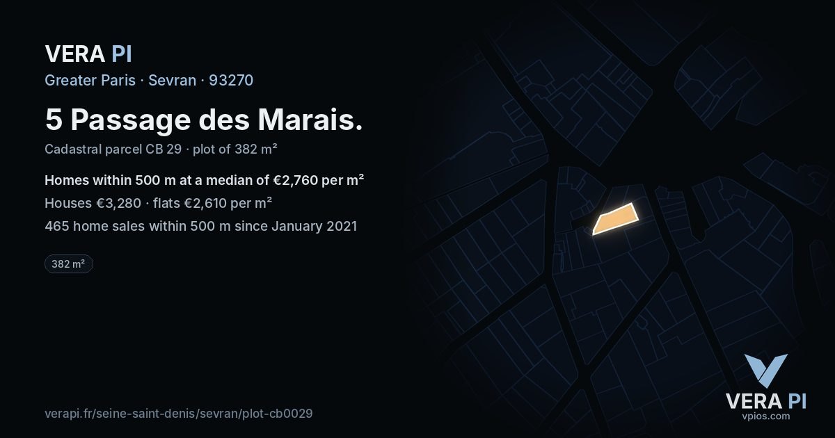 5 Passage des Marais, Sevran at night – the plot lit, the parcels around coloured by the prices near them
