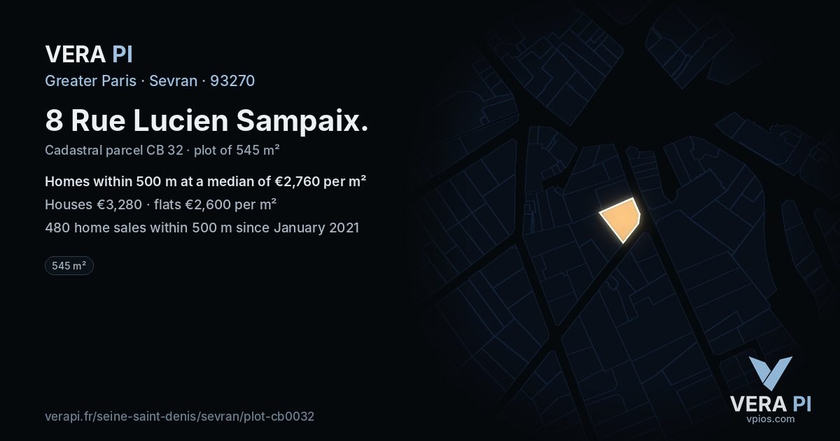 8 Rue Lucien Sampaix, Sevran at night – the plot lit, the parcels around coloured by the prices near them