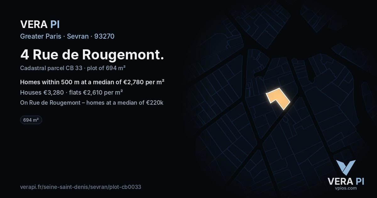 4 Rue de Rougemont, Sevran at night – the plot lit, the parcels around coloured by the prices near them