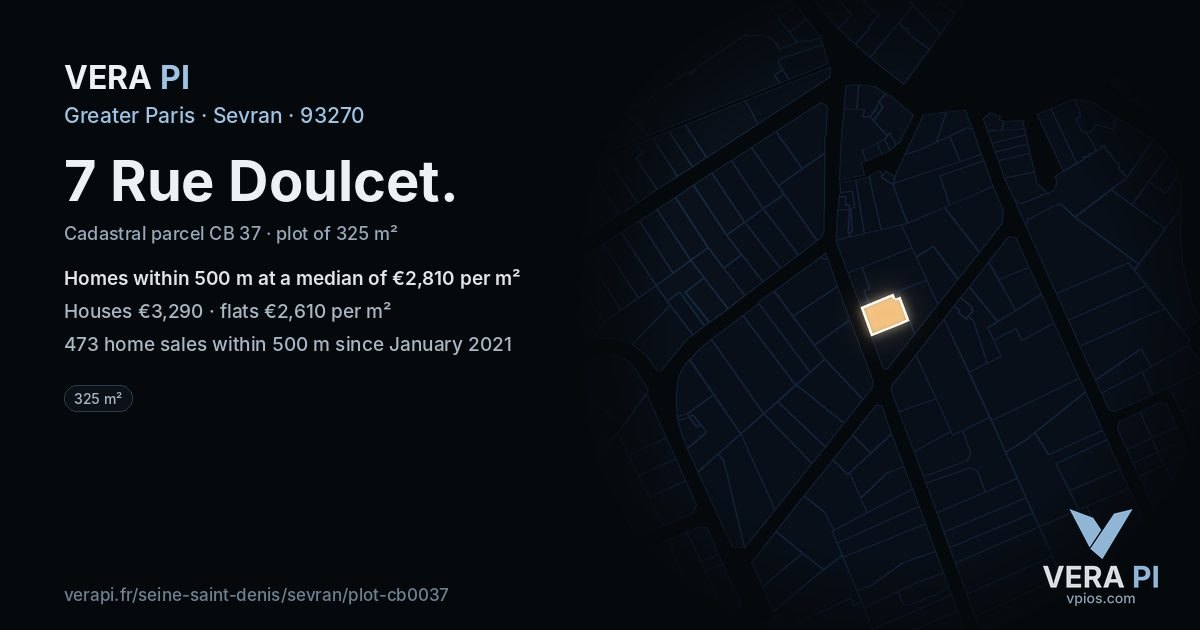 7 Rue Doulcet, Sevran at night – the plot lit, the parcels around coloured by the prices near them