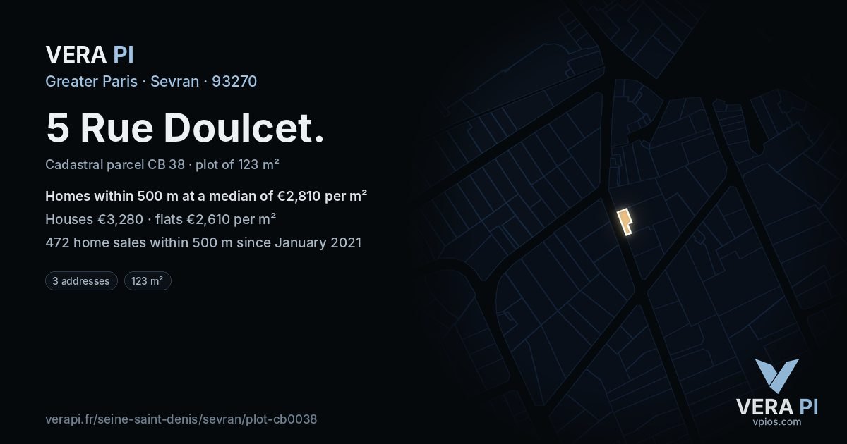 5 Rue Doulcet, Sevran at night – the plot lit, the parcels around coloured by the prices near them
