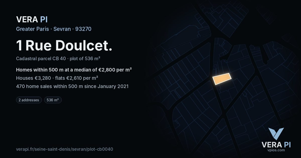 1 Rue Doulcet, Sevran at night – the plot lit, the parcels around coloured by the prices near them