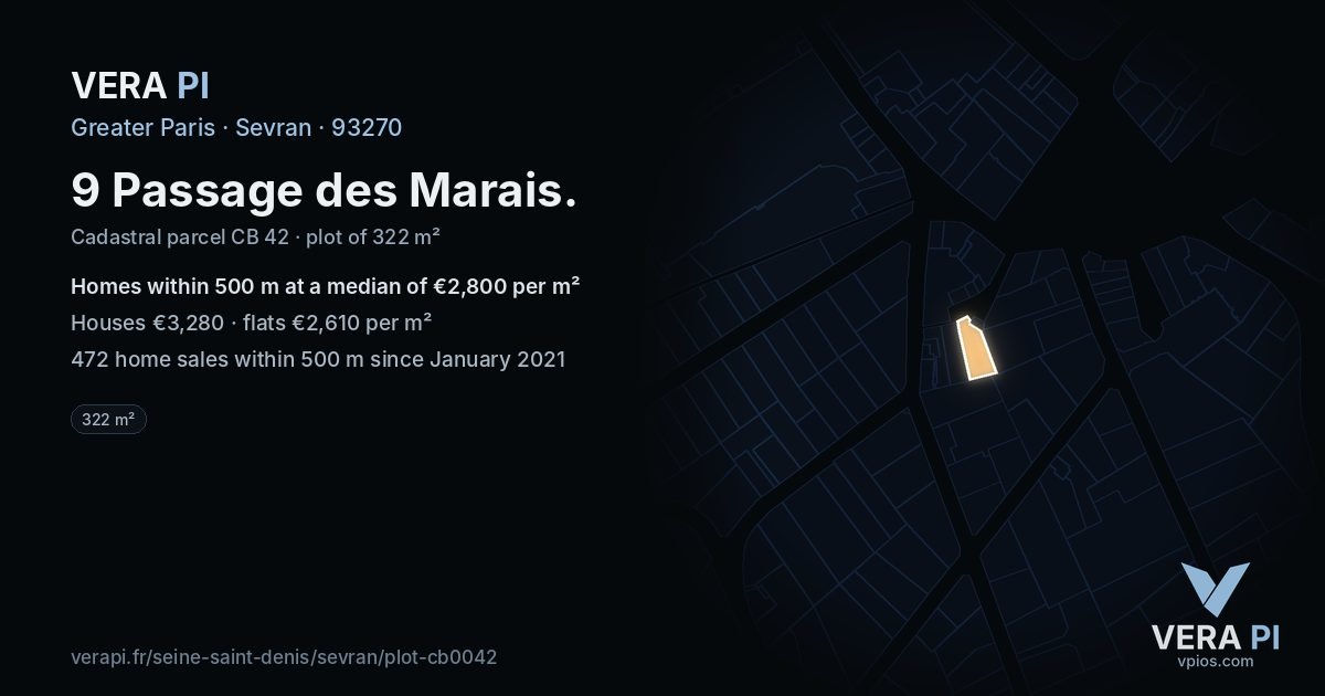 9 Passage des Marais, Sevran at night – the plot lit, the parcels around coloured by the prices near them